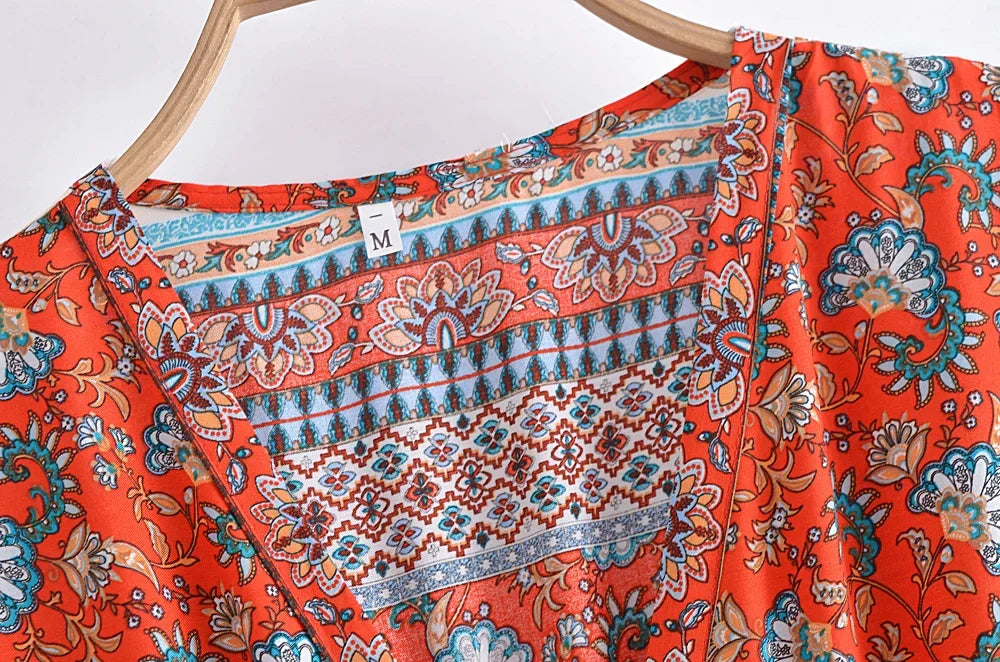 Boho Red Floral Maxi Dress – Cotton & Rayon Blend