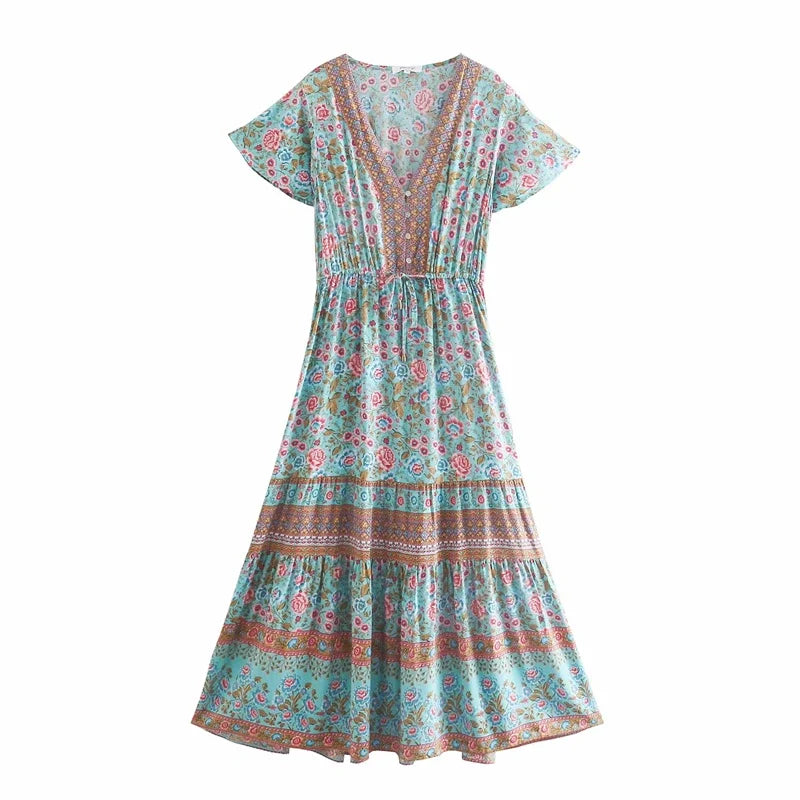 Boho Floral Button-Front Maxi Dress – Cotton &amp; Rayon Blend