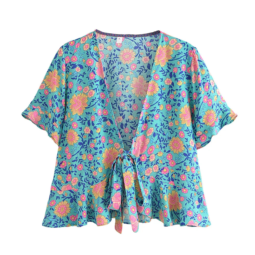 Boho Tie-Front Floral Crop Top – Cotton & Rayon