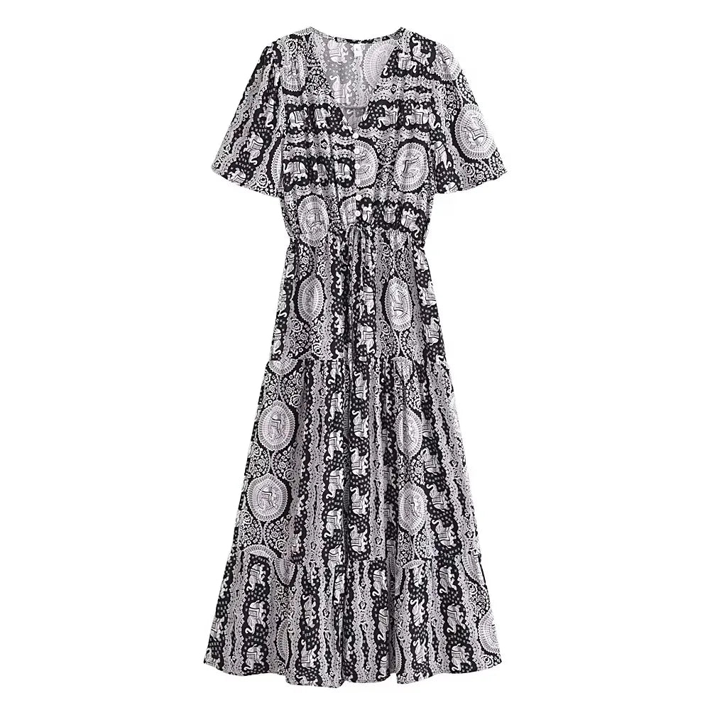 Floral Goddess Boho Midi Dress – Light Blue & Black
