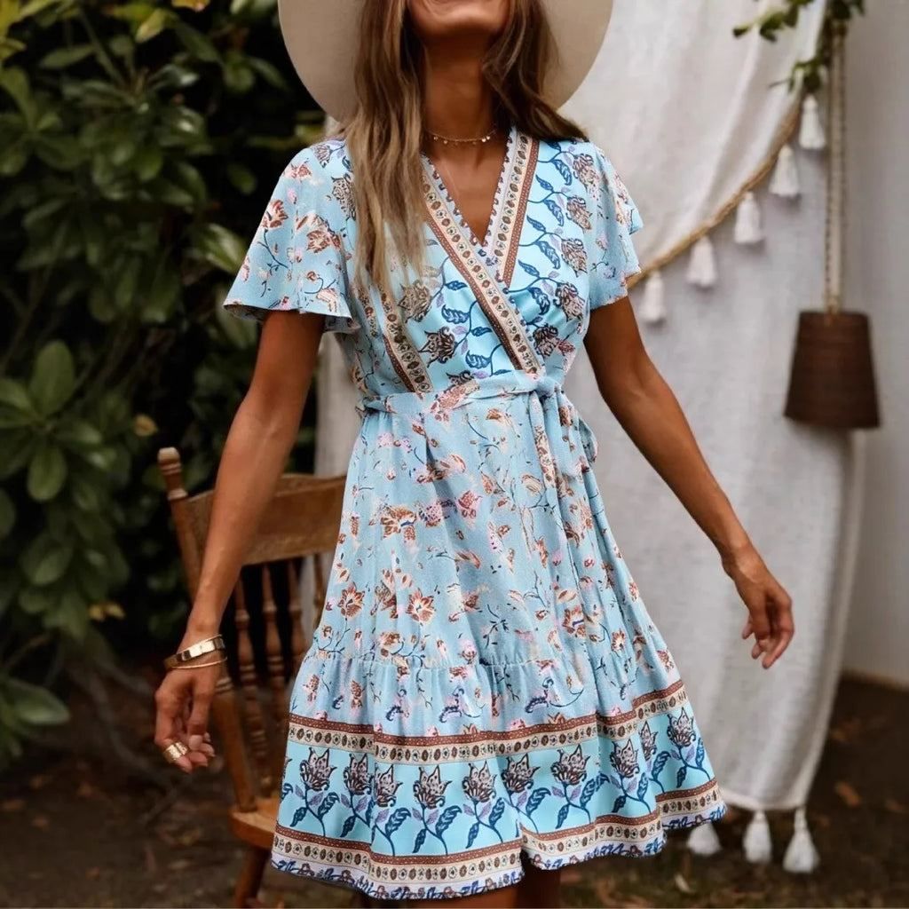 Sky Bloom Wrap Mini Dress – Boho Cotton/Rayon Blend