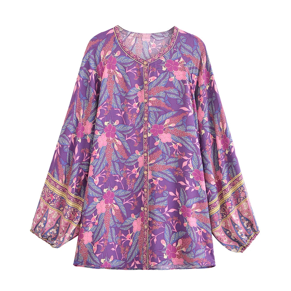 Purple Feather Boho Blouse – Button Detail &amp; Flowy Fit