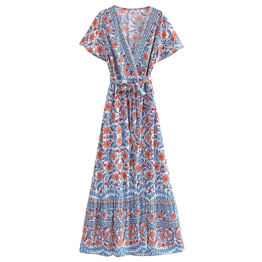 Boho Print V-Neck Maxi Dress – Blue