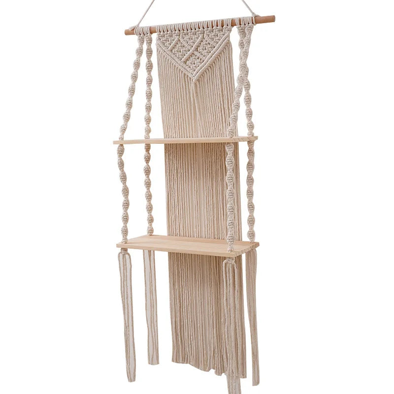 Boho Macramé Wall Hanging Shelf – Cotton Rope & Beech Wood