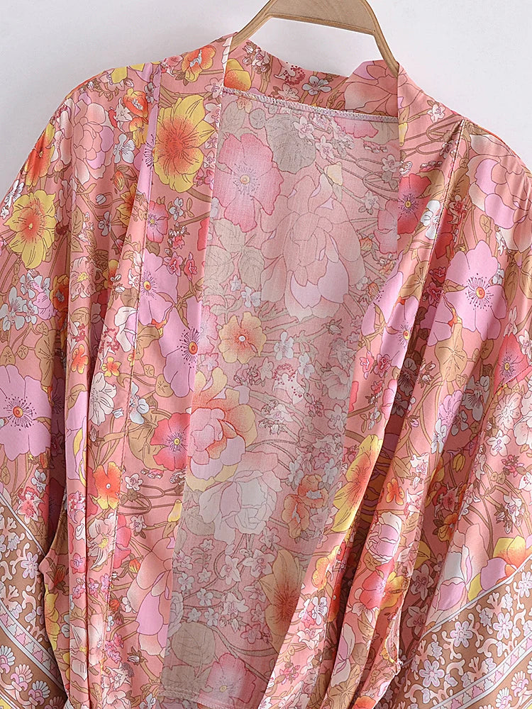 Boho Floral Kimono Maxi Dress – 100% Rayon