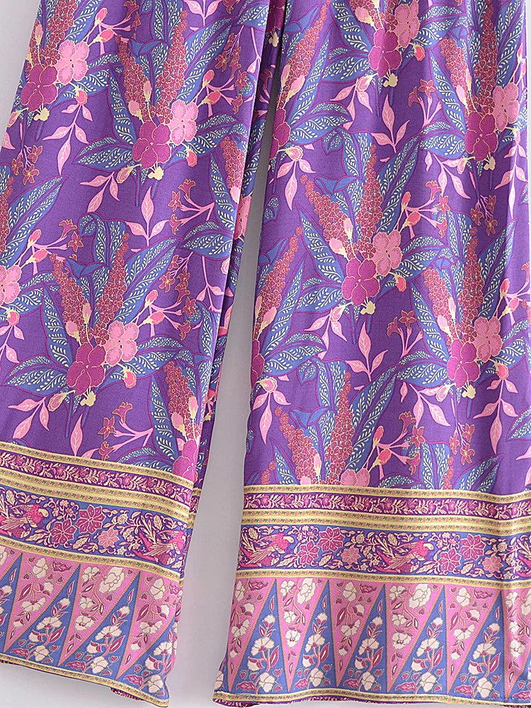 ✿ Boho Purple Floral Wide-Leg Pants – 100% Soft Rayon