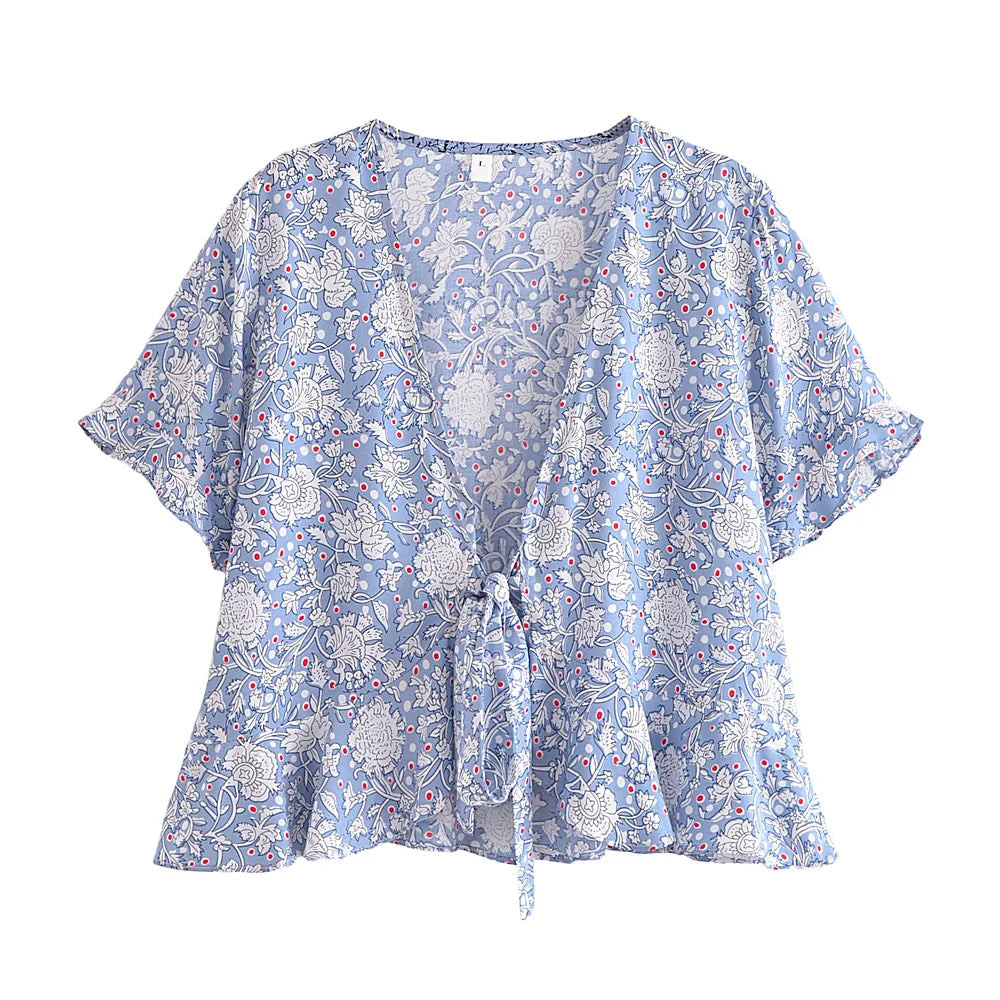 Boho Tie-Front Floral Crop Top – Cotton & Rayon