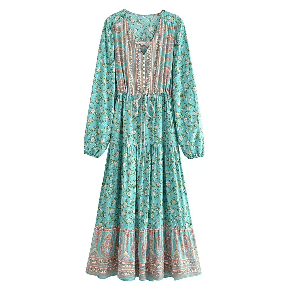 Boho Teal Floral Maxi Dress