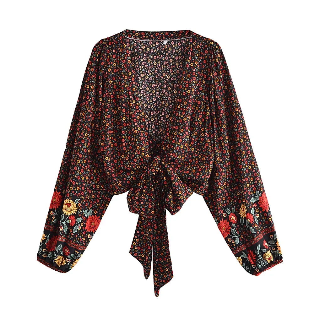 Boho Noir Garden Tie-Front Blouse