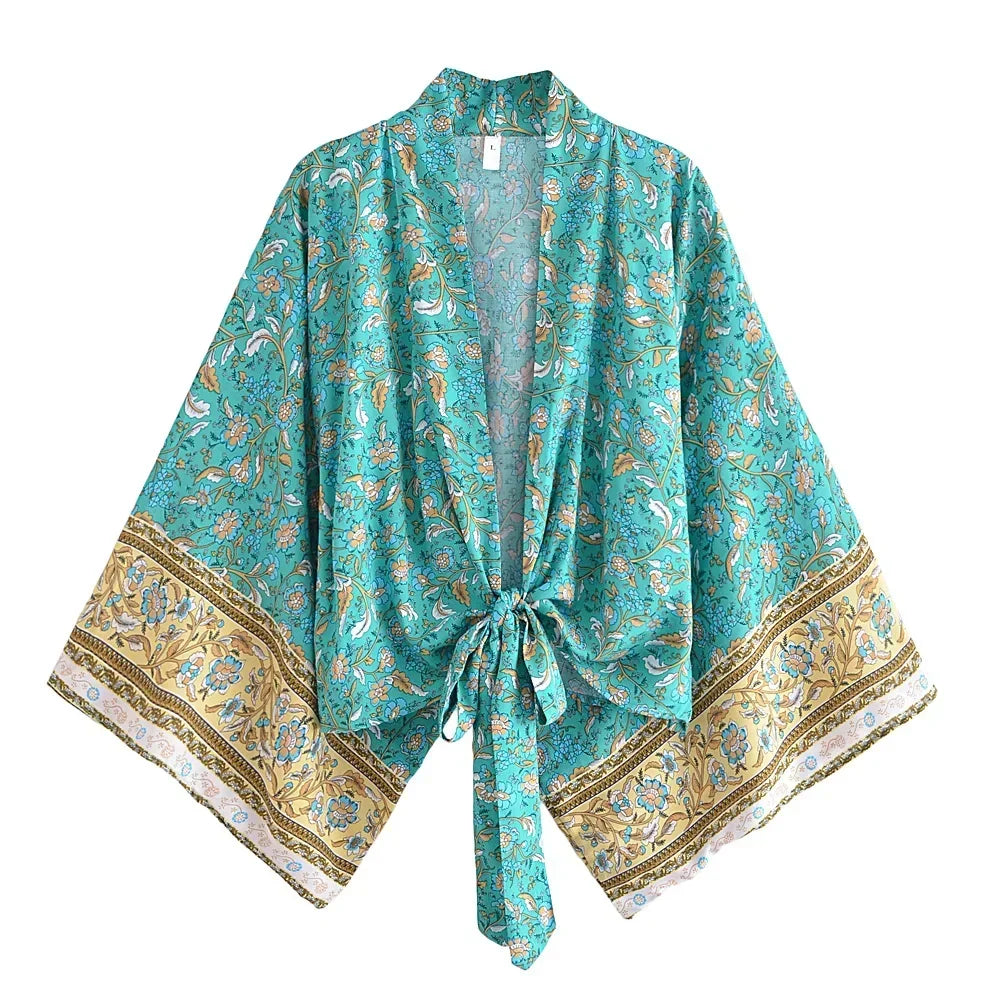 Boho Tie-Front Floral Kimono – Lightweight Rayon Beach Cover-Up