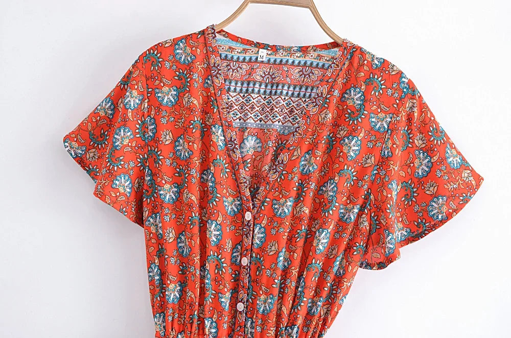 Boho Red Floral Maxi Dress – Cotton & Rayon Blend