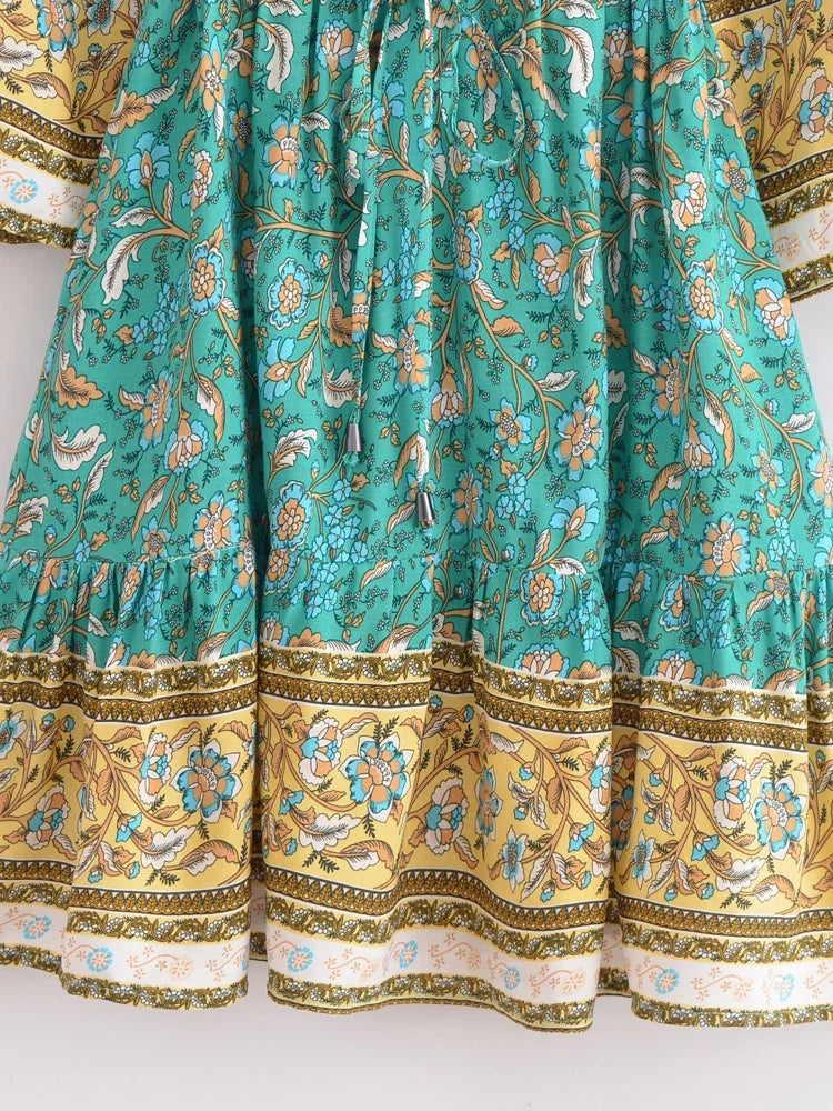 Azure Bloom: Boho Floral Print Mini Dress with Border Detail