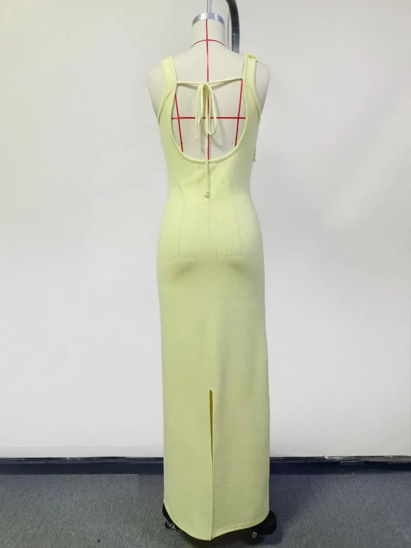 3D Floral Appliqué Knit Maxi Dress – Sleeveless Sculpted Fit