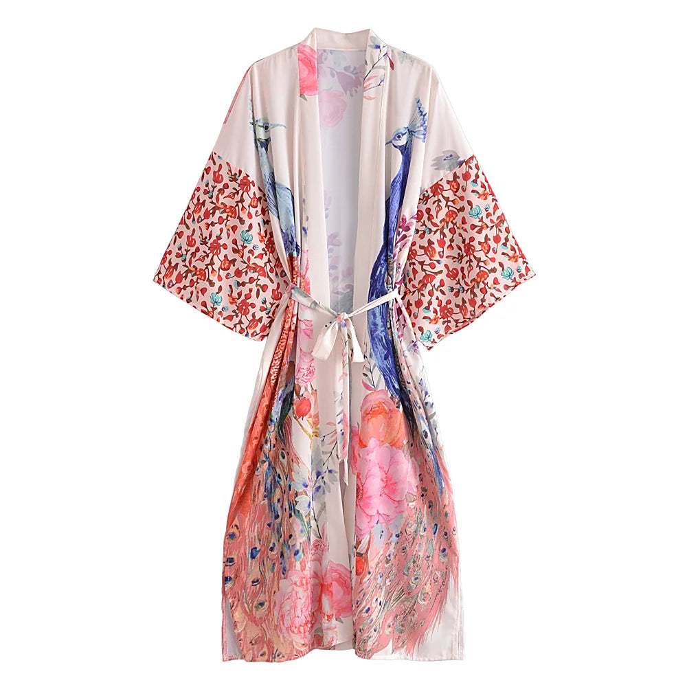Boho Peacock & Floral Print Kimono Robe – One Size