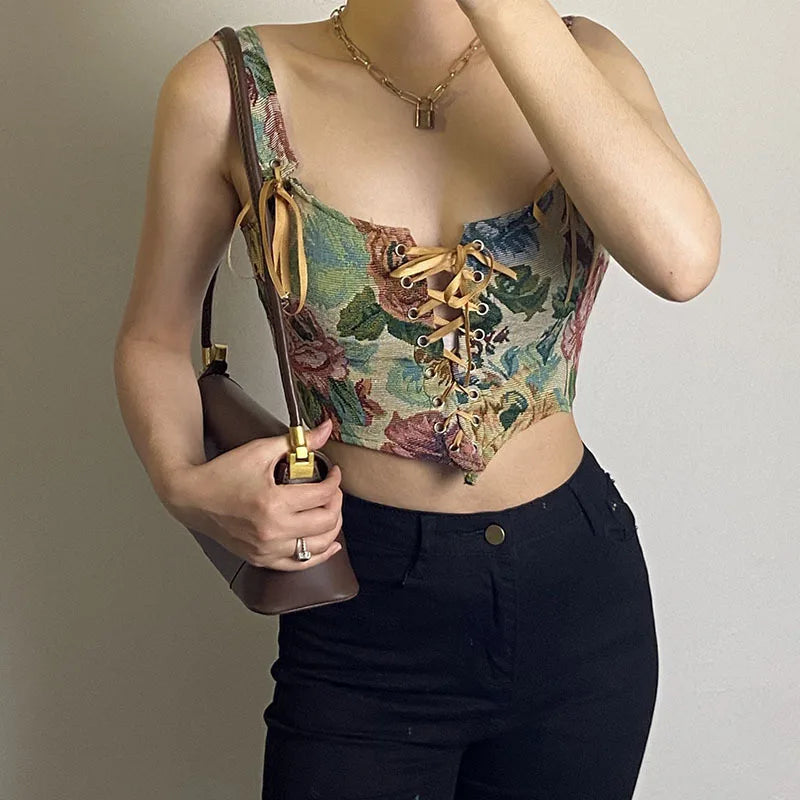 Floral Tapestry Lace-Up Corset Top – Boho Vintage Bustier