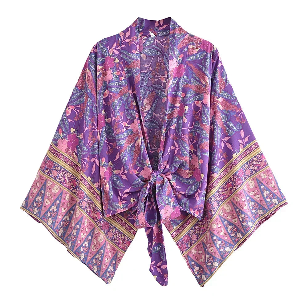 Boho Tie-Front Floral Kimono – Lightweight Rayon Beach Cover-Up
