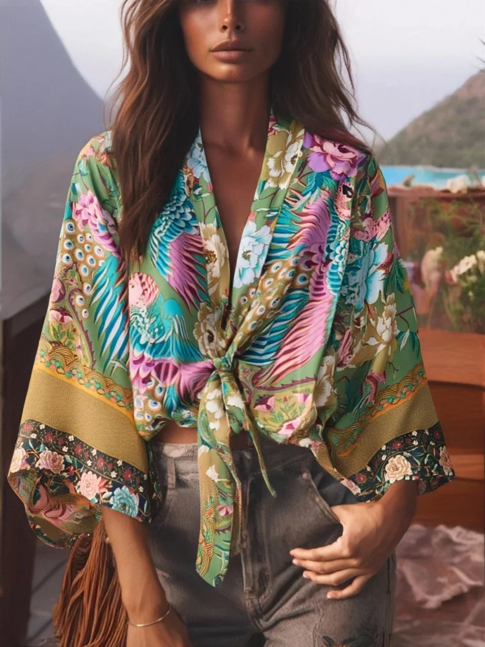 Boho Tie-Front Floral Kimono – Lightweight Rayon Beach Cover-Up