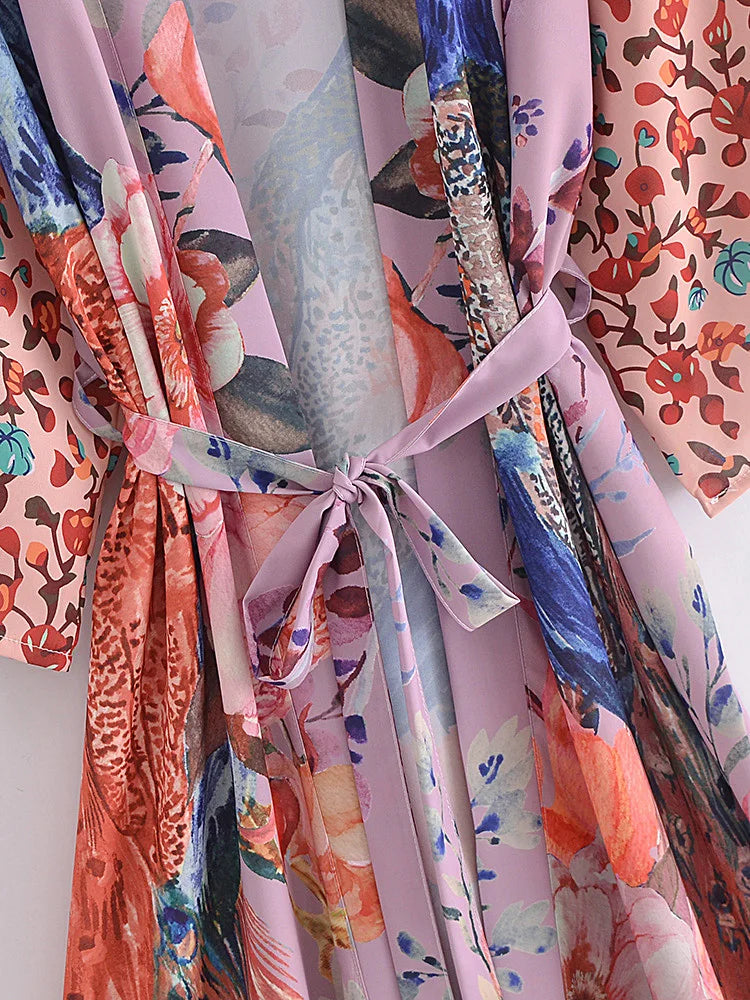 Boho Peacock & Floral Print Kimono Robe – One Size