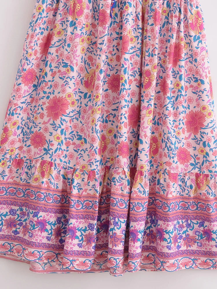 Pastel Bloom: Boho Floral Flutter Sleeve Maxi Dress