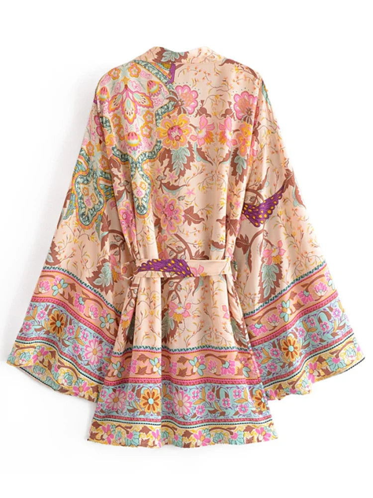 Vintage Peacock Floral Kimono – Boho Short Robe with Sash & Batwing Sleeves