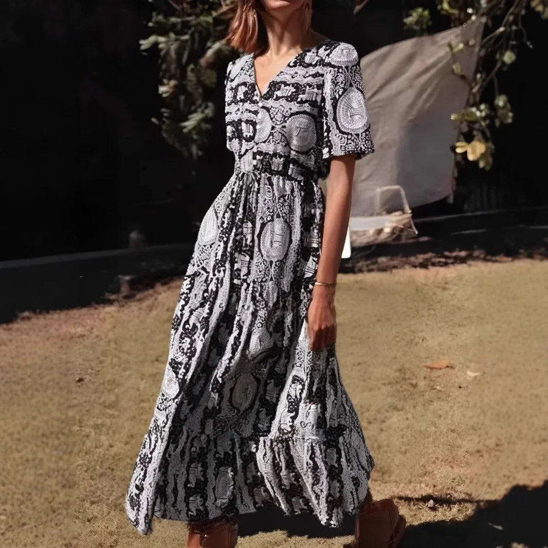 Floral Goddess Boho Midi Dress – Light Blue & Black
