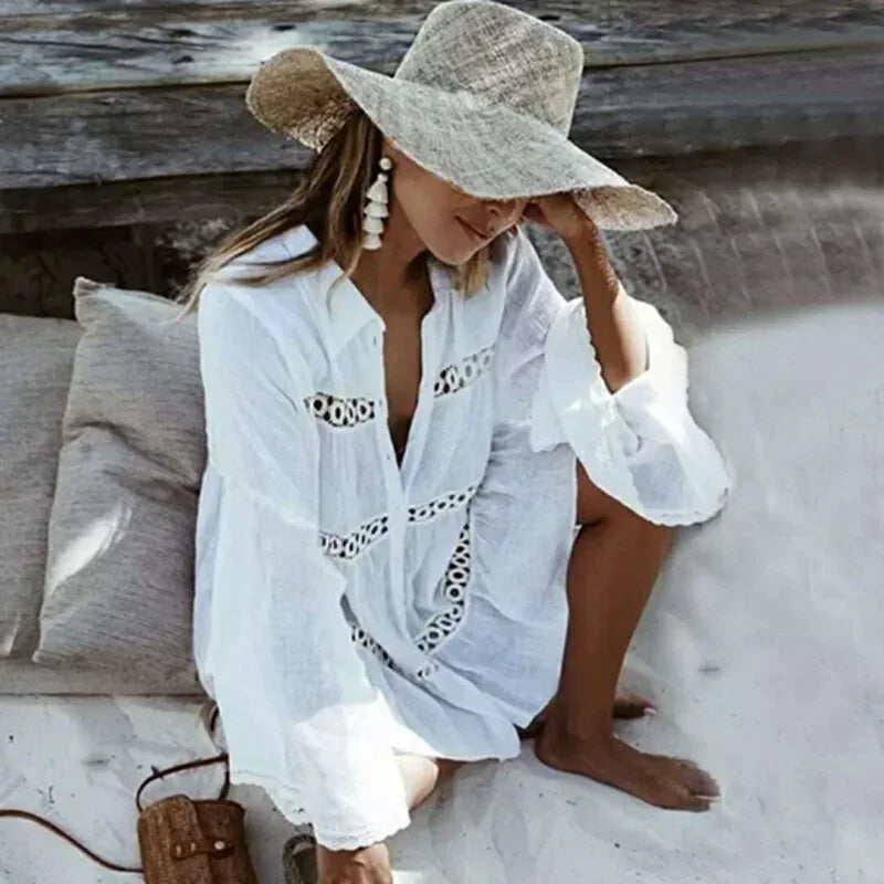 Boho White Beach Cover-Up Tunic – 100% Rayon