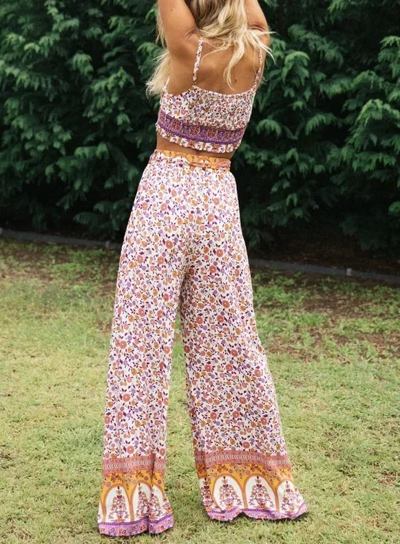 Bohemian Bloom: Floral Crop Top & Wide-Leg Pants Set