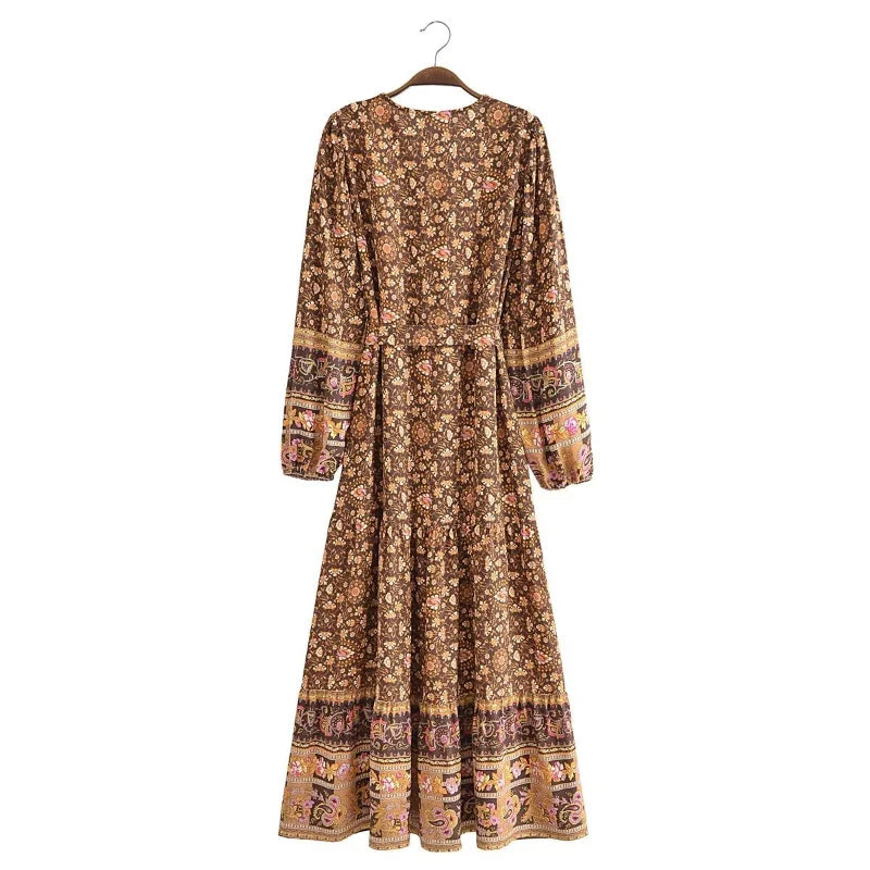 🌿 Boho Button-Up Floral Maxi Dress – Green, Red, or Brown