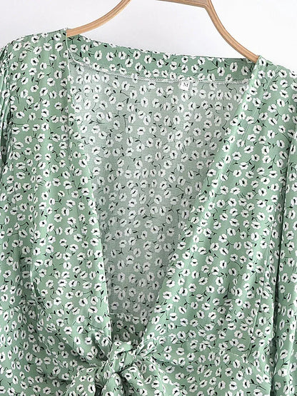 Boho Green Tie-Front Blouse – Rayon Cotton Blend