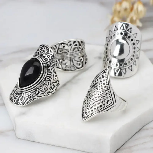 4-Piece Boho Vintage Silver Ring Set