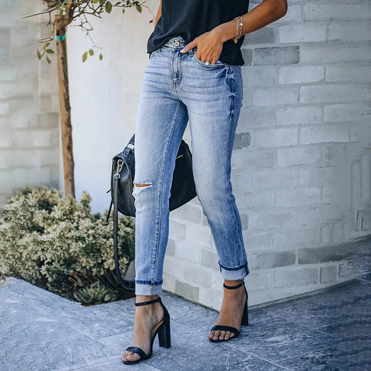 Boho Distressed Cuffed Denim Jeans – Effortless Style, Everyday Cool