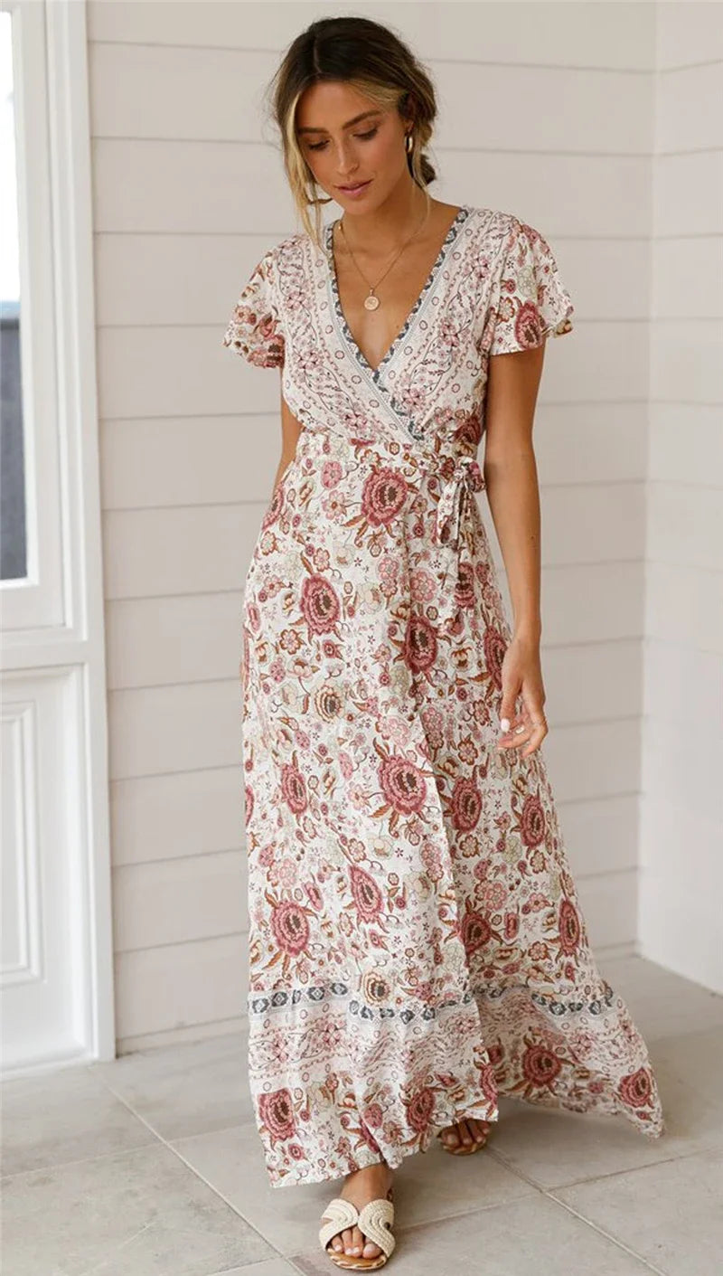 Boho Slit-Front Wrap Dress – Rayon Butterfly Sleeve Maxi