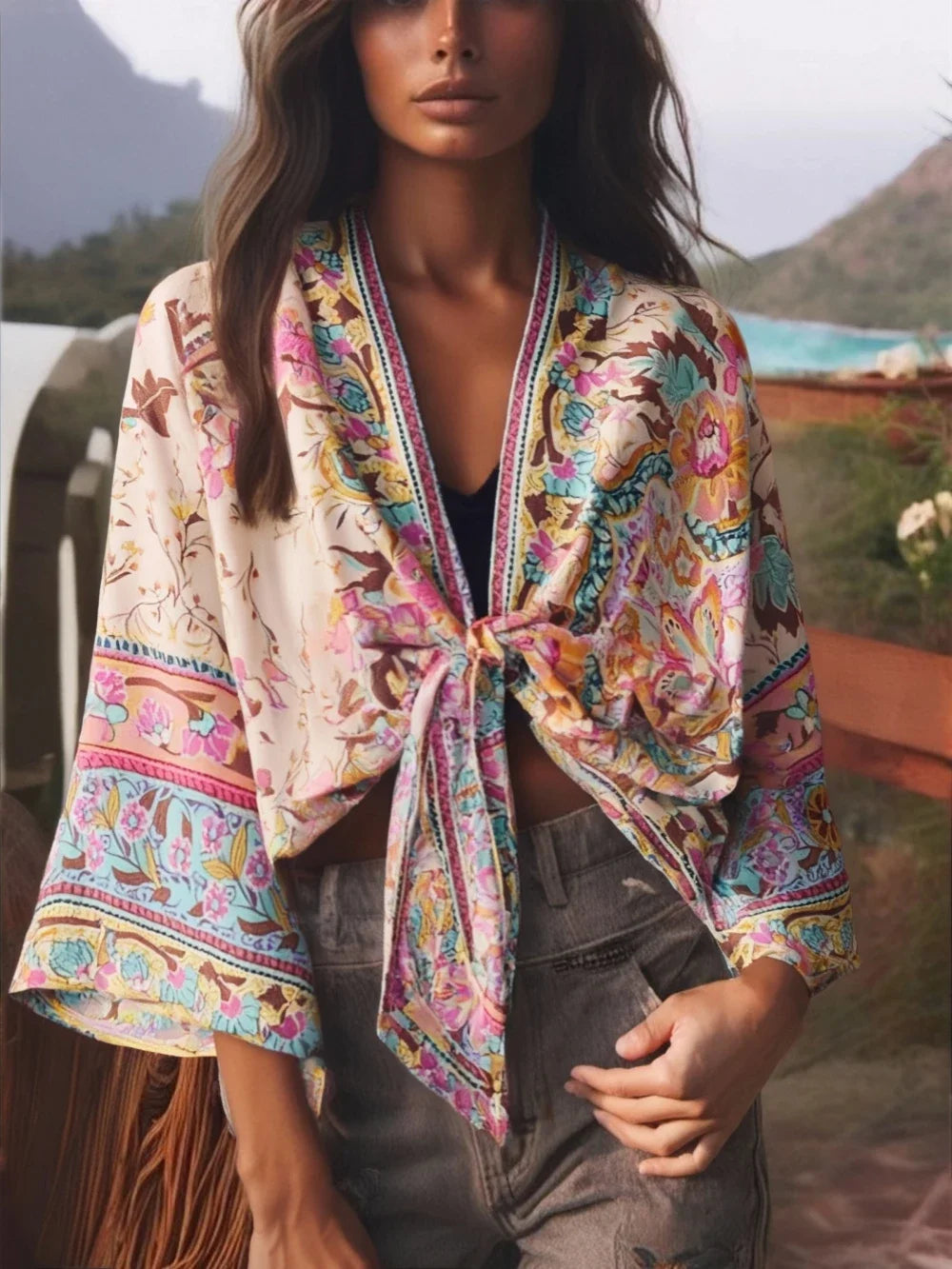 Boho Tie-Front Floral Kimono – Lightweight Rayon Beach Cover-Up