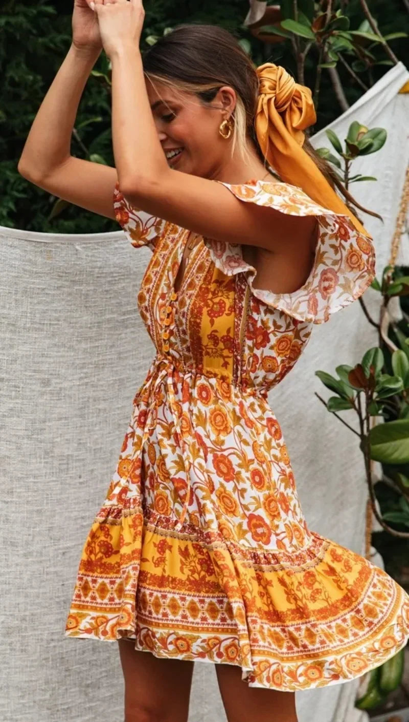 Sunshine Floral: Boho Flutter Sleeve Mini Dress