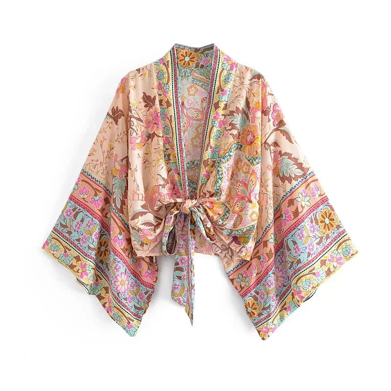 Boho Tie-Front Floral Kimono – Lightweight Rayon Beach Cover-Up