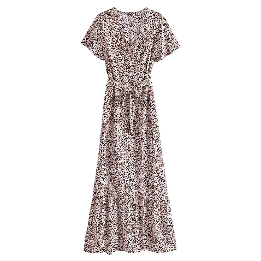 Boho Ruffle V-Neck Leopard Maxi Dress