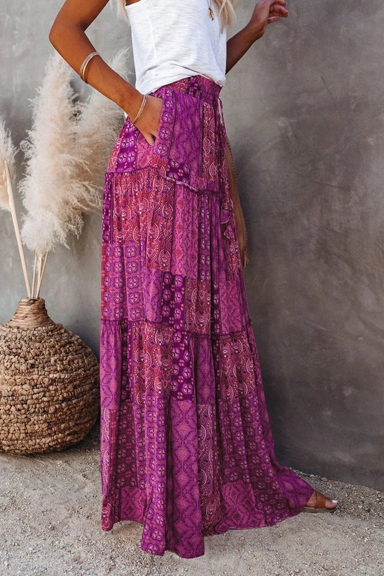 Kaleidoscope Dream: Boho Patchwork Print Maxi Skirt