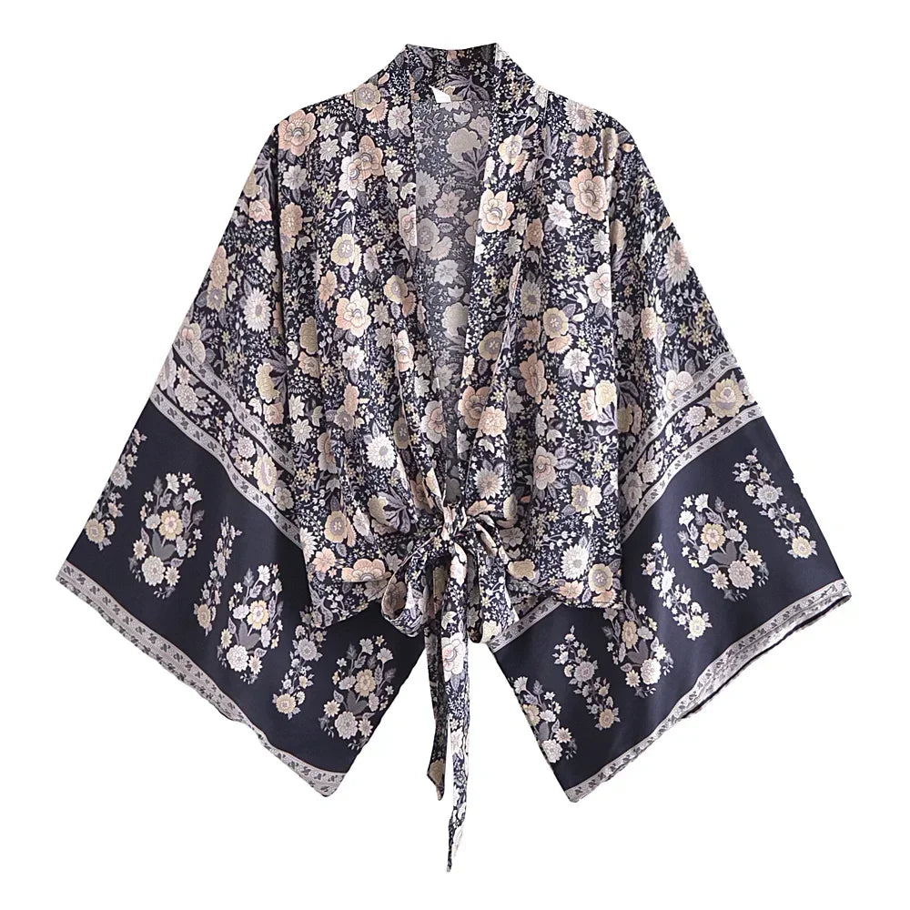 Boho Tie-Front Floral Kimono – Lightweight Rayon Beach Cover-Up