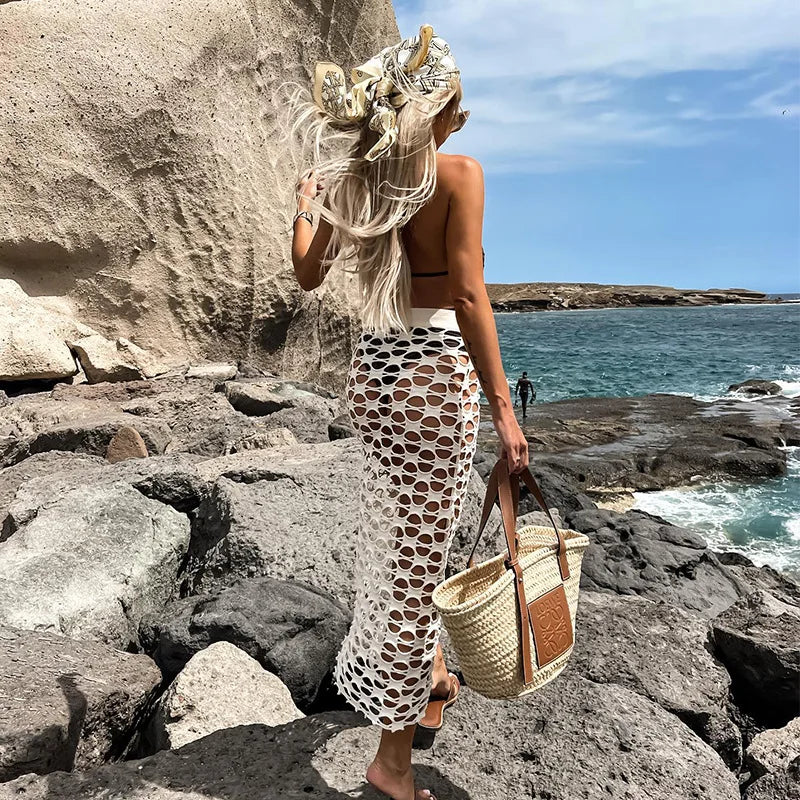 Boho Hollow Knit Maxi Skirt – High-Waisted Beach Cover-Up