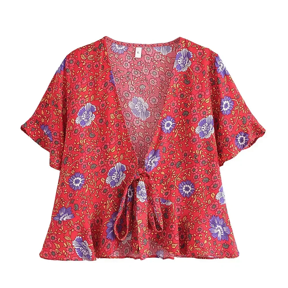 Boho Tie-Front Floral Crop Top – Cotton & Rayon