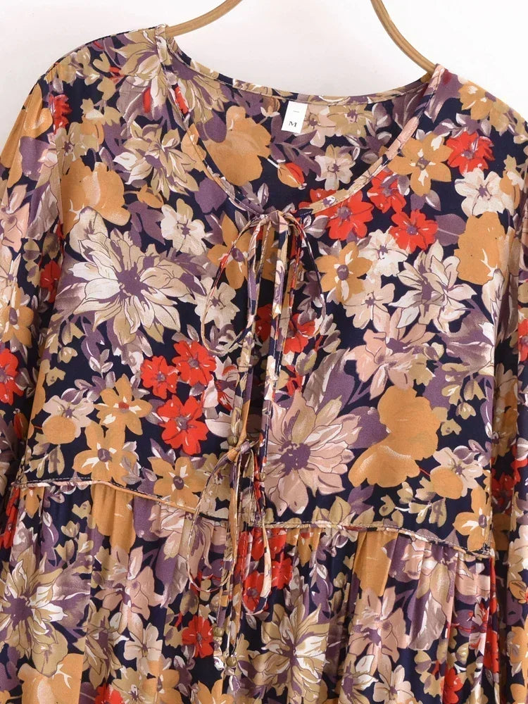 Autumnal Bloom: Boho Floral Long-Sleeve Maxi Dress