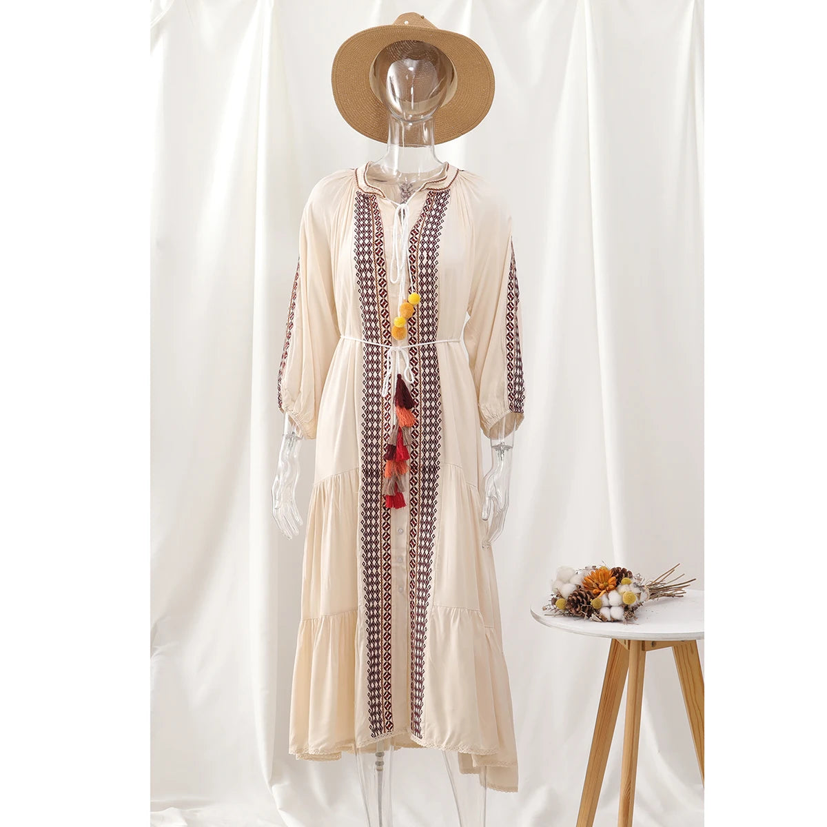 🌿 Boho Goddess Embroidered Maxi Robe