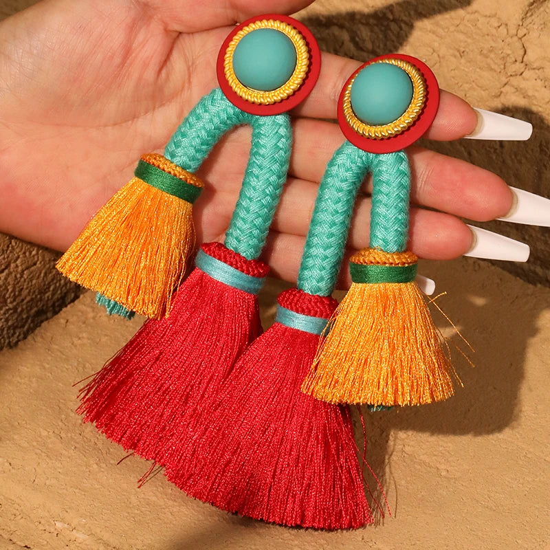 Boho Statement Tassel Earrings – Colorful Yarn Drop Earrings (13cm)