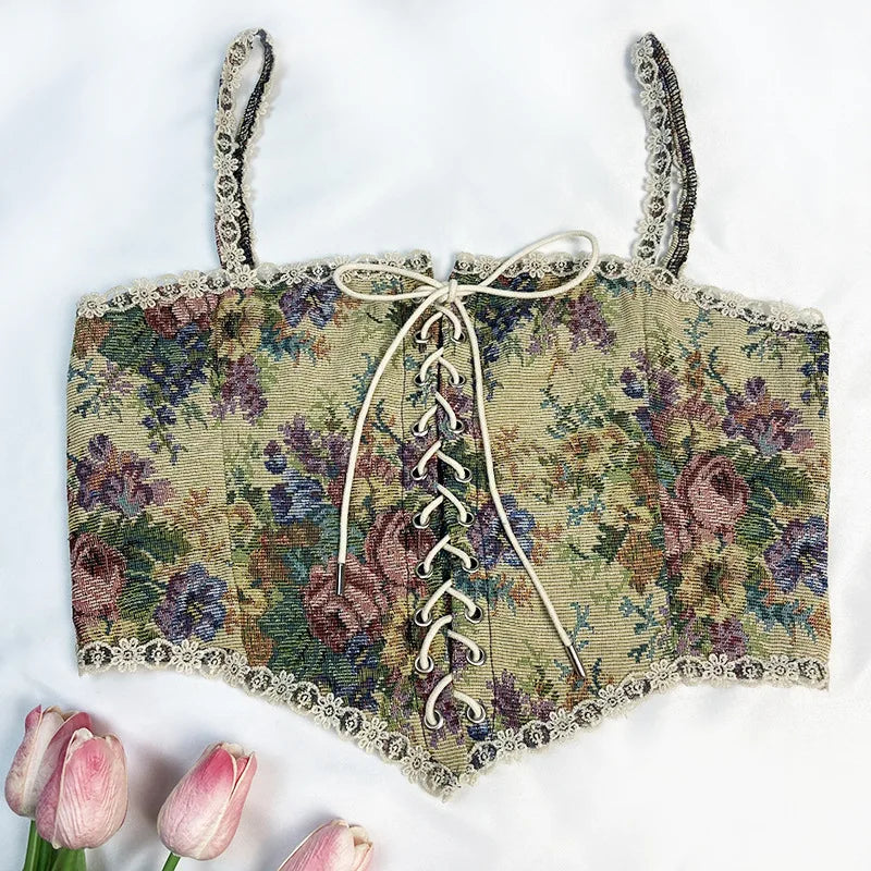 Boho Floral Lace-Up Corset Crop Top – Adjustable Fit