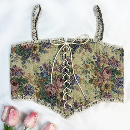 Boho Floral Lace-Up Corset Crop Top – Adjustable Fit