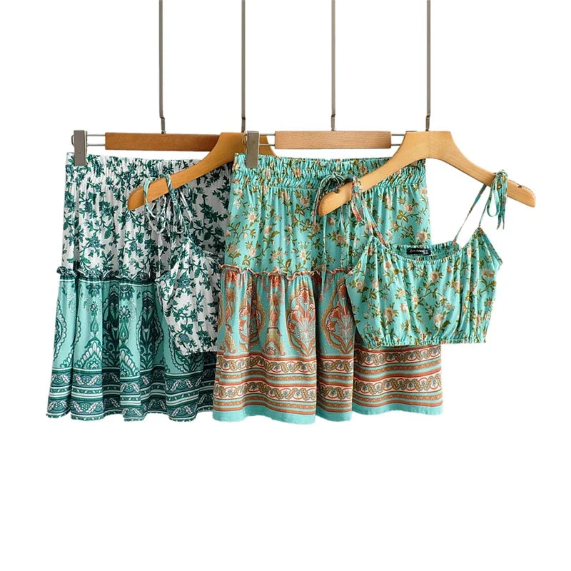 Island Breeze Floral Boho Two-Piece Set - Crop Top & Skirt