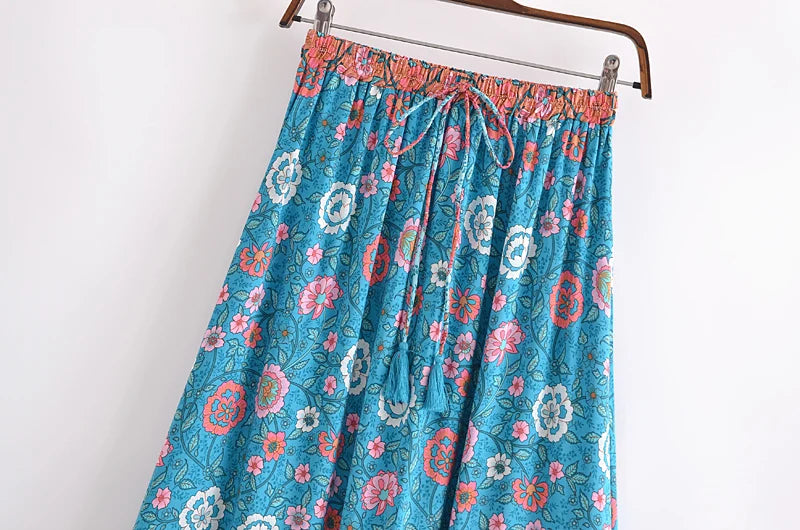 Boho Floral Elastic Waist Maxi Skirt – 100% Rayon