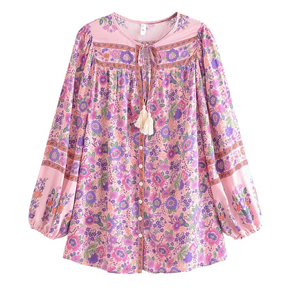 🌸 Boho Floral Tassel Blouse