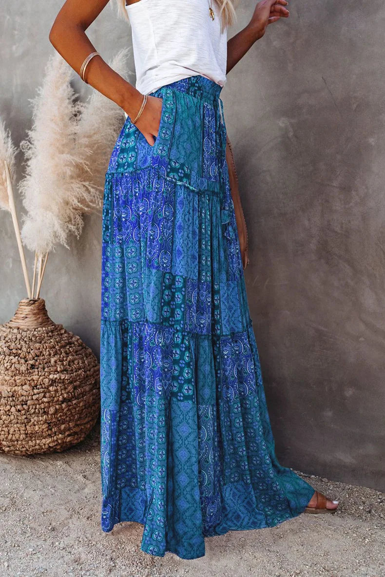 Kaleidoscope Dream: Boho Patchwork Print Maxi Skirt