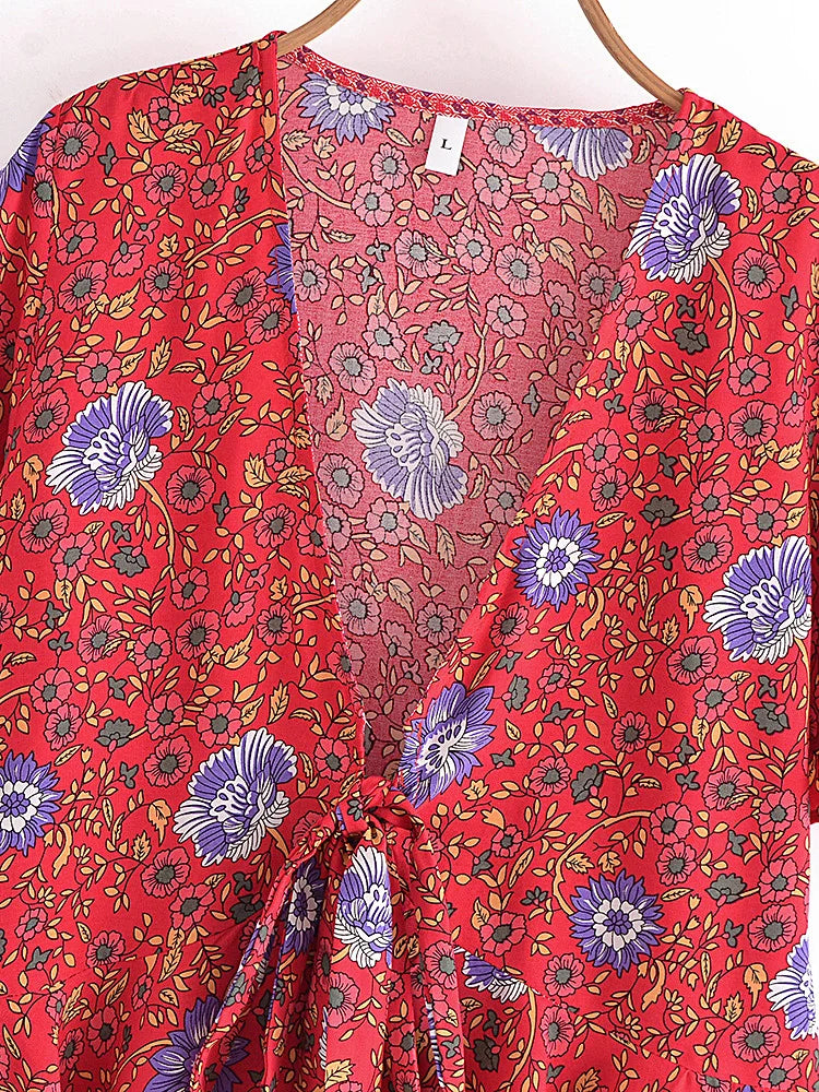 Boho Tie-Front Floral Crop Top – Cotton & Rayon